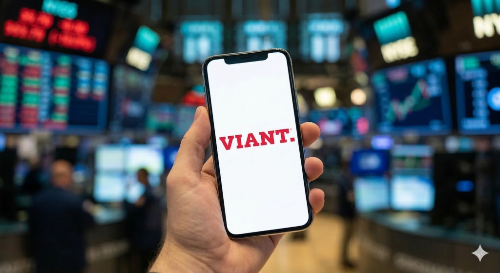 Eine Nahaufnahme zeigt eine Hand, die ein modernes Smartphone hält. Auf dem Display ist das rote Firmenlogo von Viant Technology (Schriftzug 'VIANT.' in roter, fetter Schrift mit Punkt und dem ®-Symbol) scharf und deutlich zu erkennen. Der Hintergrund ist ein tief unscharfes, atmosphärisches Bild eines belebten Börsenparketts mit diffus leuchtenden roten, grünen und blauen Datenbildschirmen und Chartlinien.