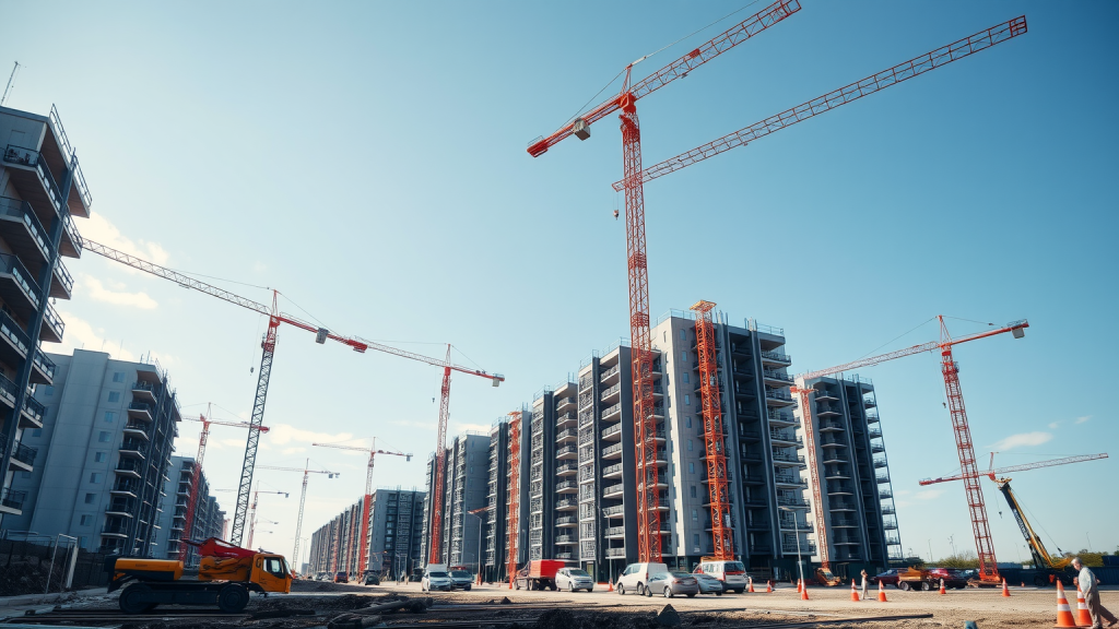 Neubauprojekt von Vonovia mit KrÃ¤nen und Arbeitern