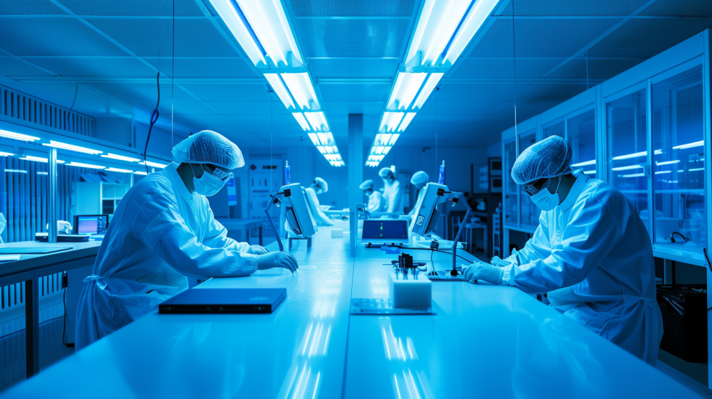Forscher in Reinraum arbeiten mit Silikonwafern