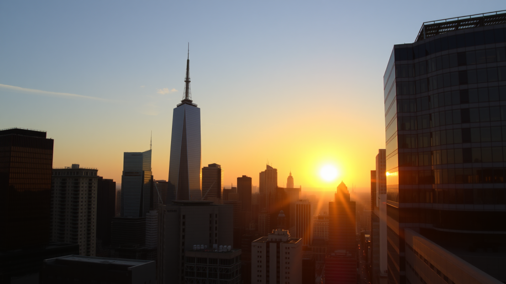 D-Wave Quantum-Aktie: explodiert – kommt jetzt der große Befreiungsschlag? Sonnenuntergang über Finanzdistrikt.