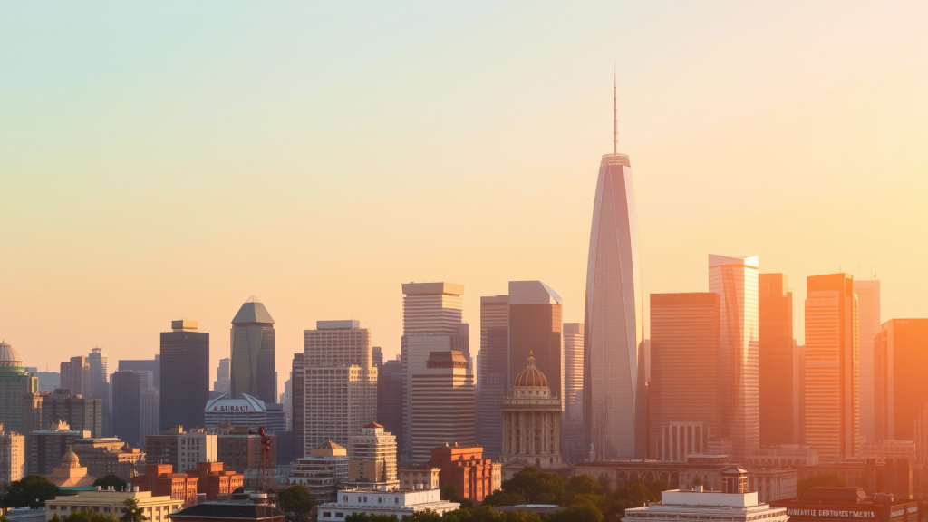 DroneShield-Aktie: im Wartemodus – Impuls durch Ausbruch? Finanzdistrikt-Skyline im Morgenlicht