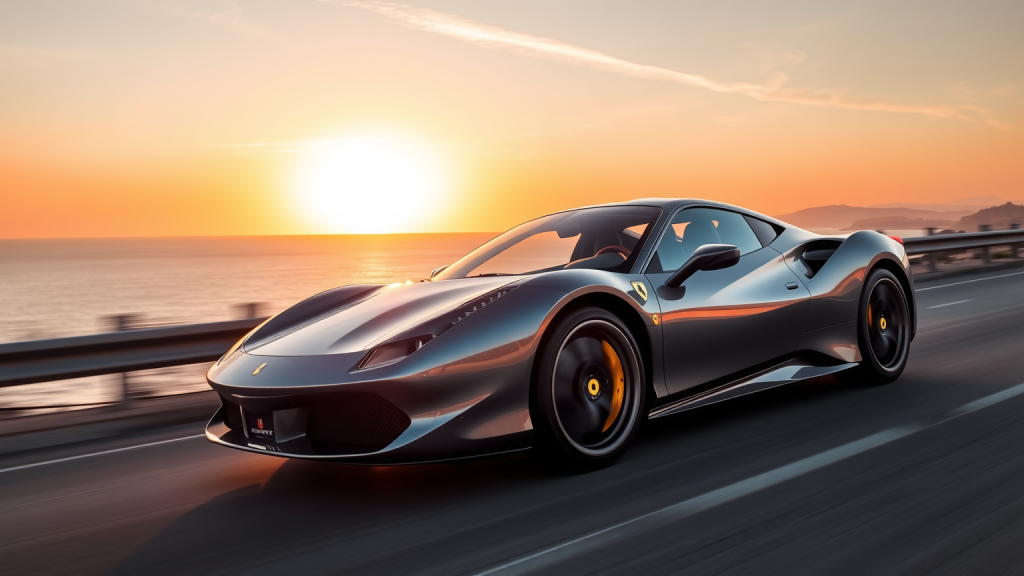 Ein Ferrari fährt bei Sonnenuntergang an einer Küstenstraße entlang