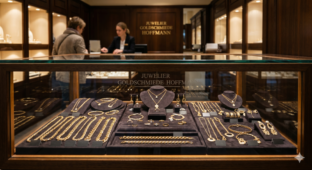 Eine beleuchtete Holz-Glas-Vitrine in einem Juweliergeschäft, in der verschiedene Goldschmuckstücke auf dunklen Samtständern präsentiert werden. Zu sehen sind schwere Goldketten, feine Halsanhänger, Armbänder und Ringe. Im unscharfen Hintergrund ist die warme, edle Einrichtung des Ladens mit einer Mitarbeiterin und einer Kundin im Verkaufsgespräch zu erkennen.