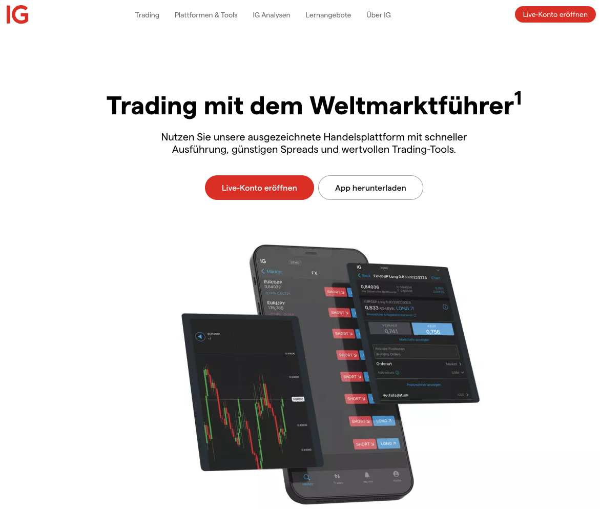 IG Homepage - Übersicht der Website mit Trading-Angeboten