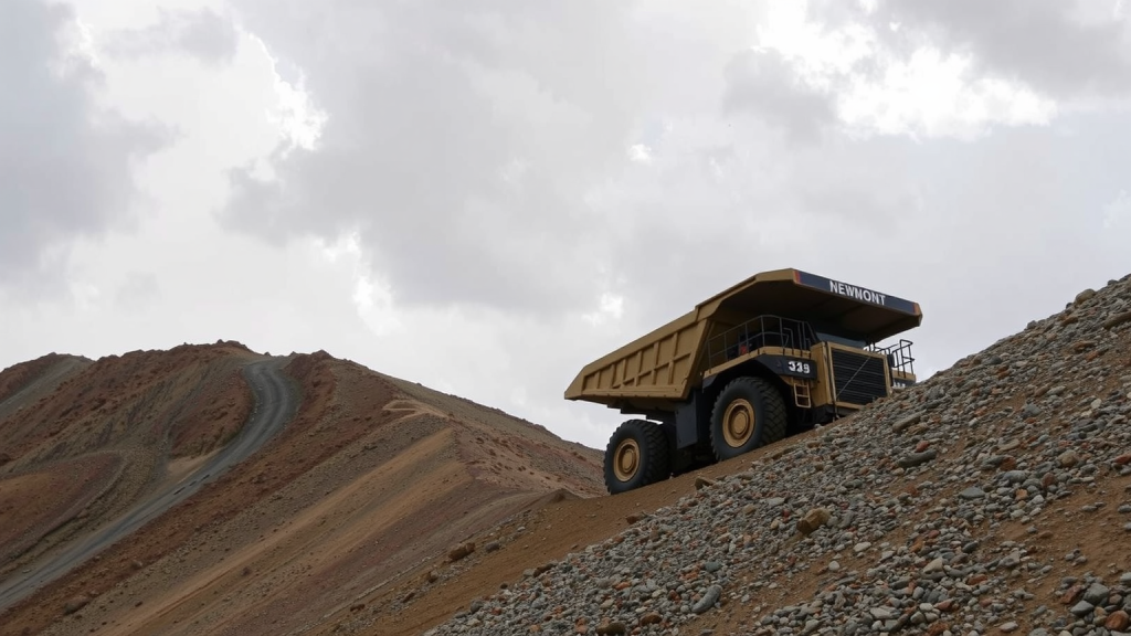 Ein schwer beladener Newmont Mining-Truck fährt einen steilen Hang hinab