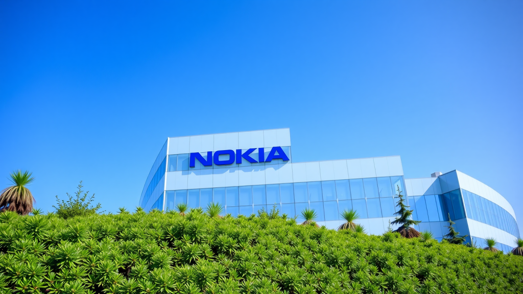 Nokia-Hauptquartier mit Firmenlogo und grüner Landschaft
