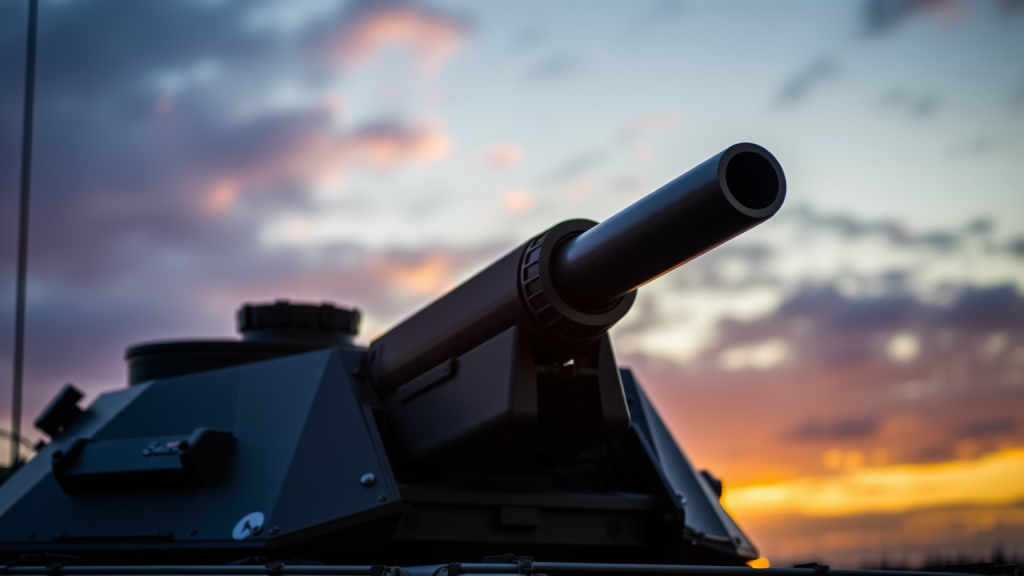 Rheinmetall-Aktie: Angriff auf 1.500 € läuft! Modernes Rheinmetall-Geschützturm im Sonnenuntergang