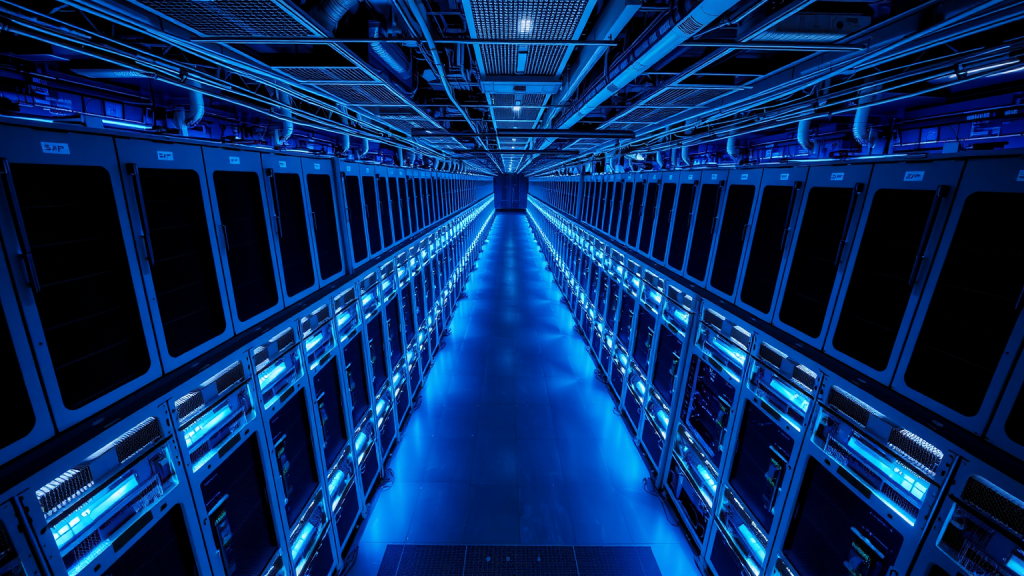 Luftaufnahme vom SAP-Datenzentrum mit blauer Beleuchtung