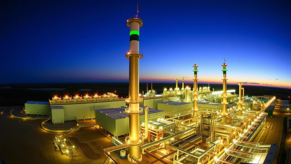 Siemens Gaskraftwerk bei Dämmerung