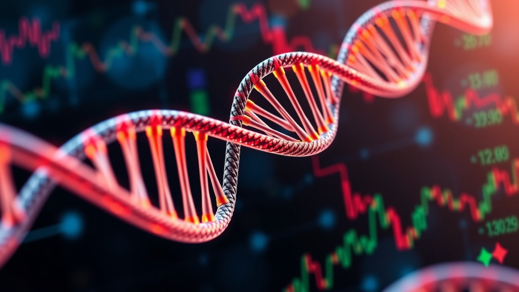 Visualisierung von DNA-Strängen mit Aktienlinien, symbolisiert Valnevas Biotech-Innovation.