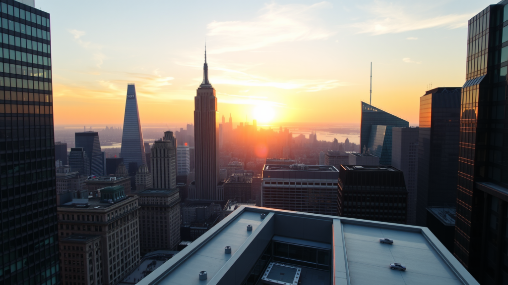 FTSE Japan: SoftBank springt 10% auf KI-Wette Sonnenaufgang über Finanzviertel vom Dach aus gesehen.