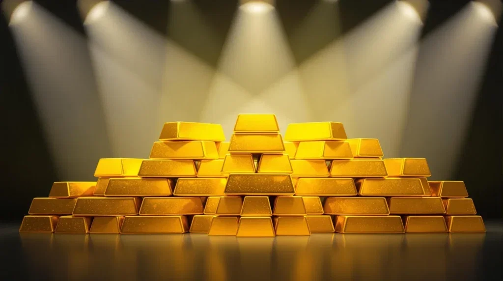 Gold: 54 Prozent Zinserhöhungs-Wahrscheinlichkeit bis Dezember Gestapelte Goldbarren