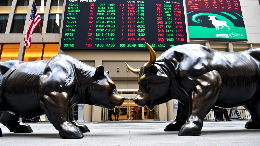 Gold: Nachfrage steigt auf 1.230,9 Tonnen Bär- und Bullenstatue in Finanzplatz mit Börsenticker.