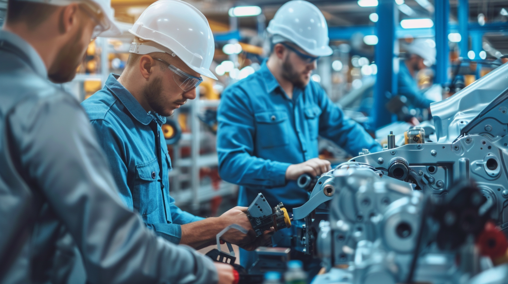 Li Auto Aktie: Margen im freien Fall Eine Gruppe von Ingenieuren in einer Produktionsanlage von Li Auto, die Komponenten für Elektrofahrzeuge zusammenbauen.