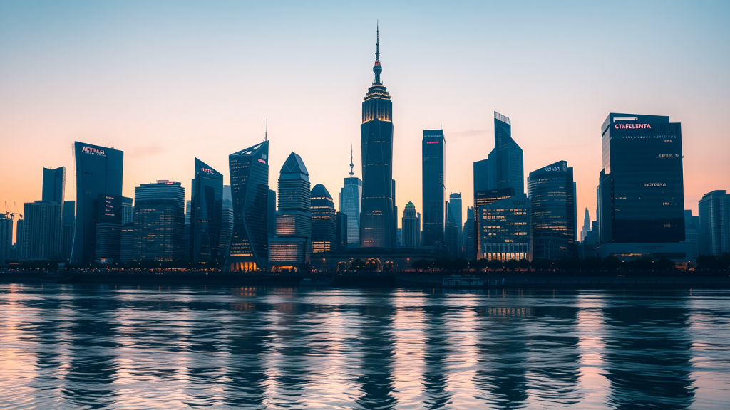 Vanguard FTSE All-World: 66 Milliarden Dollar AUM erreicht Futuristische Finanzdistrikt-Skyline bei Dämmerung.