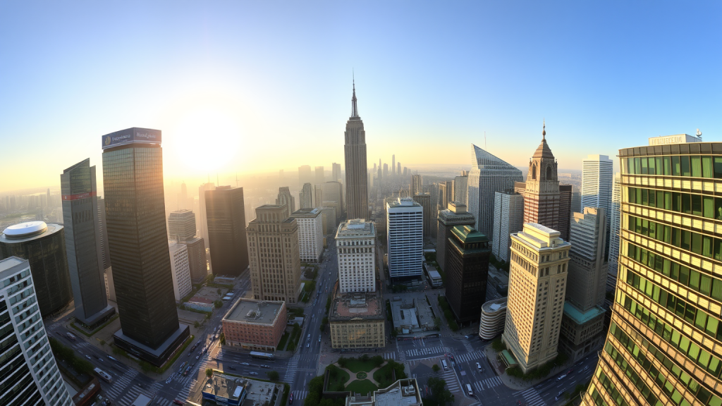 XRP: JPMorgan-Deal, Null Ausbruch Panorama einer Finanzdistrikt-Skyline bei Sonnenuntergang.