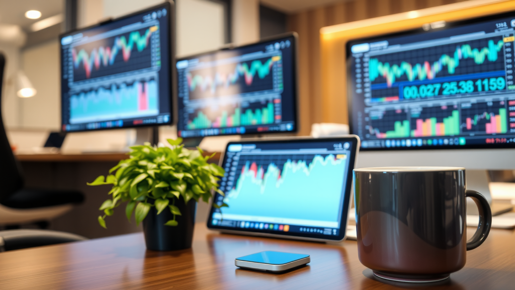 XRP: Goldman zieht 154 Millionen ab Modernes Büro mit Computern, Finanzdaten und Kaffeetasse