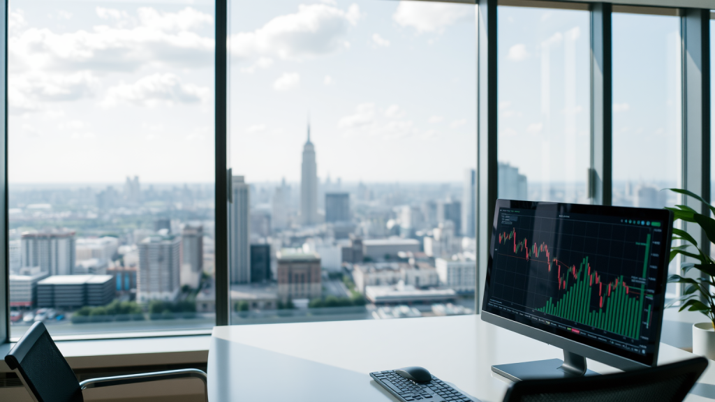 iShares MSCI World ETF: 202,95 USD 52-Wochen-Hoch Büro mit Blick auf Stadt und Marktdiagramm