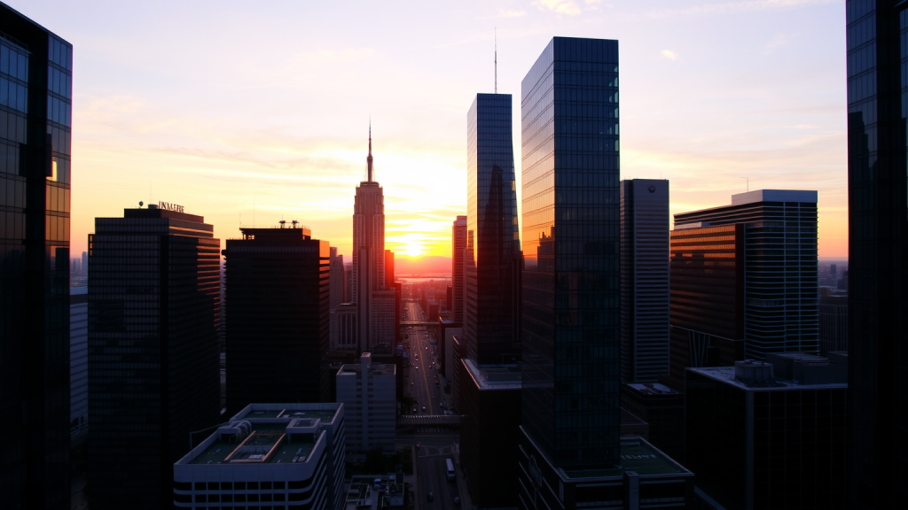 MSCI World ETF: 500 Mio USD Zuflüsse in einer Woche Finanzviertel bei Sonnenuntergang mit modernen Gebäuden