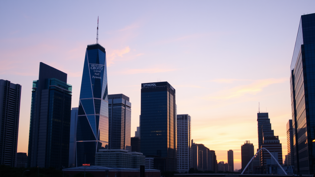 iShares MSCI World: Rebalancing 29. Mai vor Warsh-Premiere Städtische Landschaft in der Dämmerung mit modernen Gebäuden.