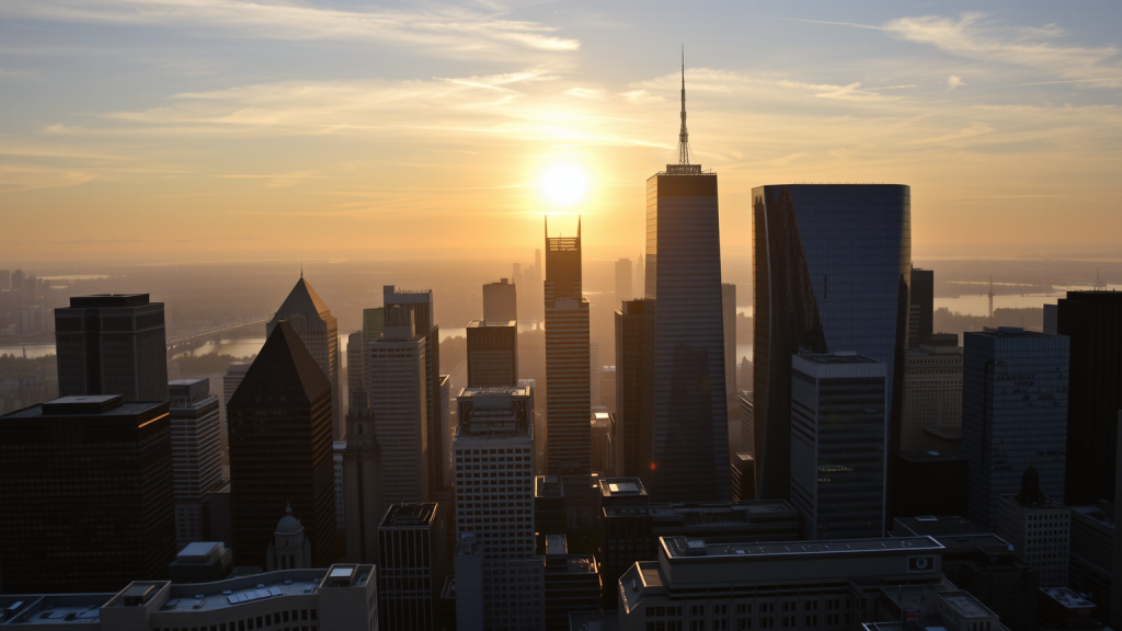 iShares MSCI World ETF: Index-Umbau am 29. Mai mit Medline, MasTec Sonnenaufgang über moderner Finanzdistrikt-Skyline