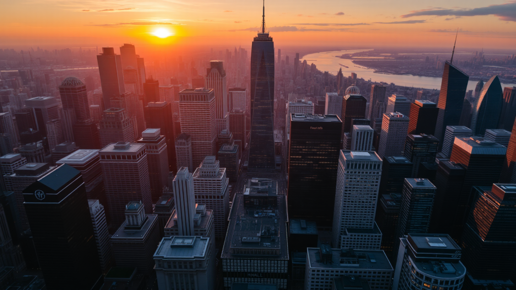 Dow Jones: Ruhe vor dem Fed-Entscheid Geschäftsviertel bei Sonnenuntergang