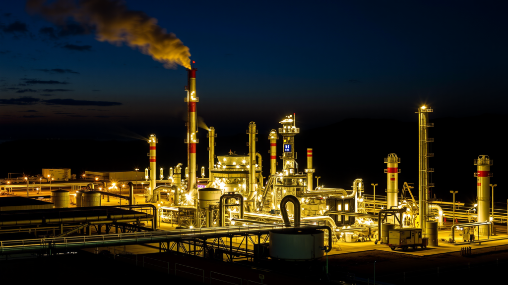 Redwood AI Aktie: Absichtserklärung vom 11. Juni Nachtansicht von Exxon Mobil Industrieanlage.