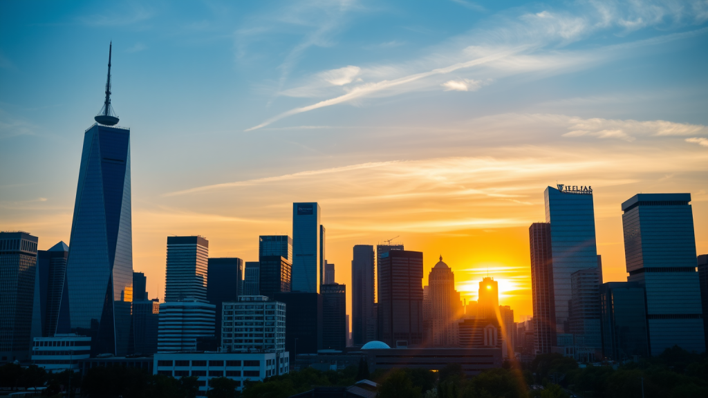 Redwood AI Aktie: 26 Prozent Wochensturz trotz Ebola-Initiative Stadt-Skyline bei Sonnenuntergang.