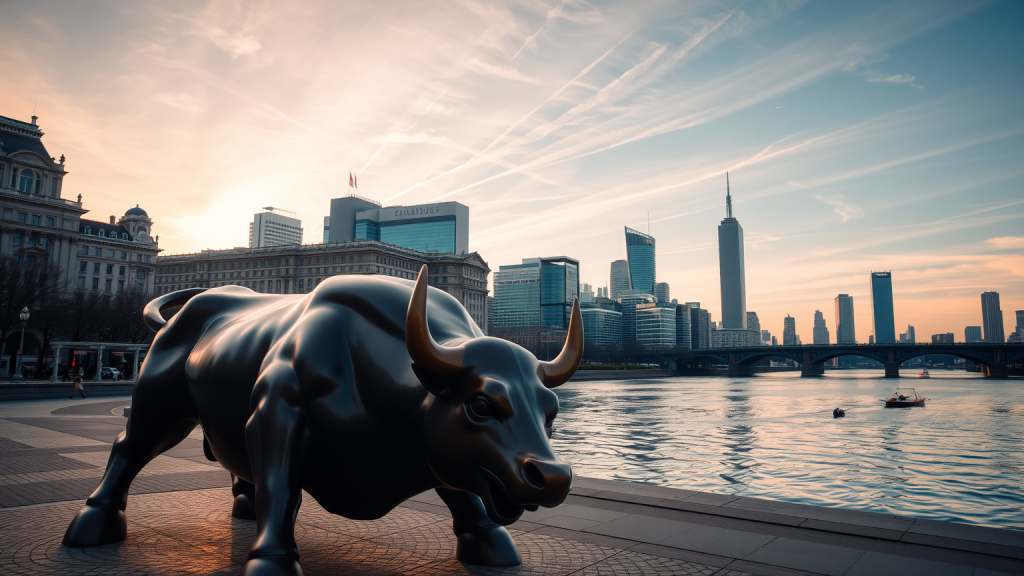 DAX: Bullisches Potential! – Chartanalyse, Prognose & Wochenausblick Bulle Statue vor Finanzviertel bei Morgengrauen