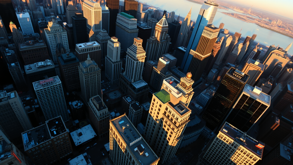 Fetch.AI: 2,7 Millionen Agenten im Netzwerk New Yorker Finanzviertel bei Sonnenuntergang