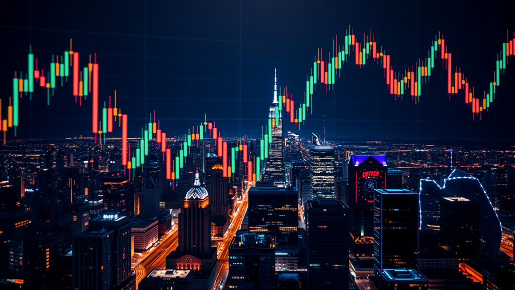 Alibaba Aktie: Gewinneinbruch durch KI-Investitionen Leuchtende Kerzencharts und Stadt bei Nacht