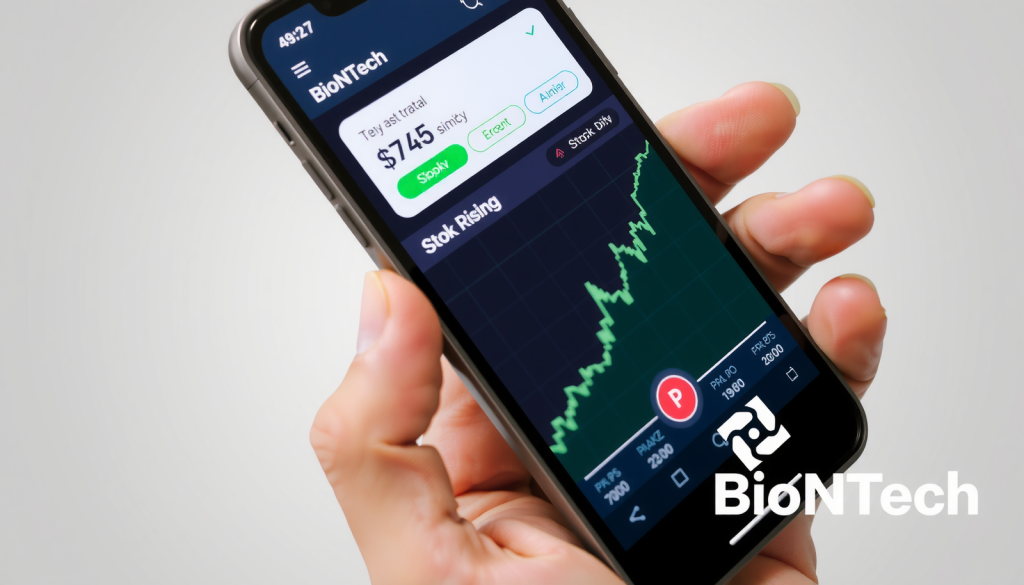 BioNTech Aktie: JPT Peptide bis Ende 2026 Hand hält Smartphone mit BioNTech-Aktienchart