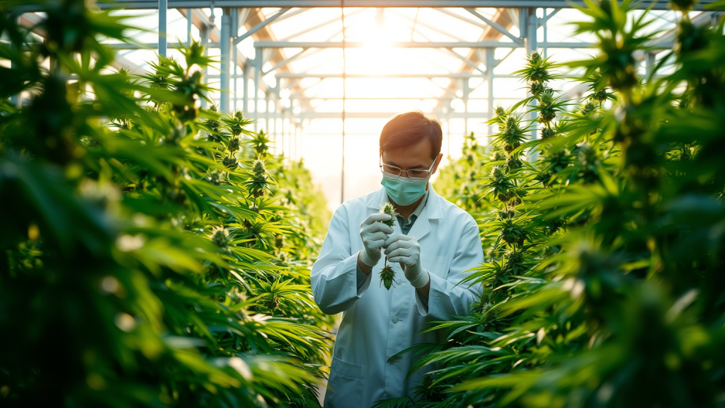 Canopy Growth Aktie: 27 Prozent Plus im Medizinsegment Technikerin untersucht Hanfpflanze im Licht.