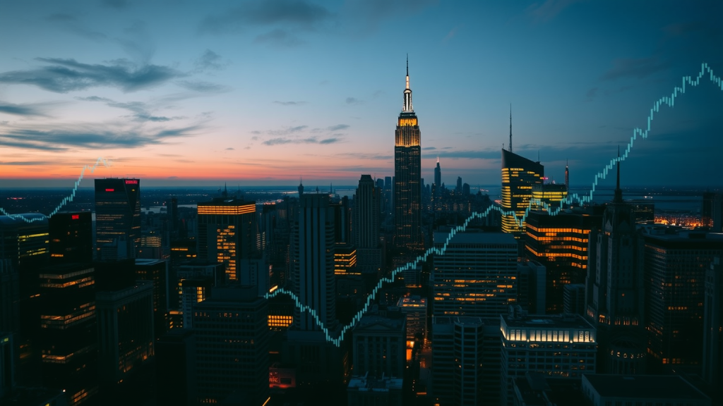 DAX: ALLZEITHOCH! – Prognose & Wochenausblick Finanzstadt bei Dämmerung mit Diagrammen