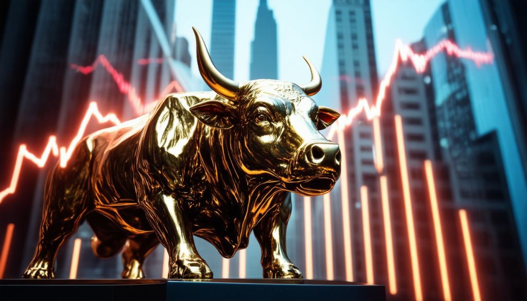 Global X Hydrogen ETF: Knapp 60 Prozent Plus in zwölf Monaten Ikonische Bullenstatue vor einem aufsteigenden Diagramm