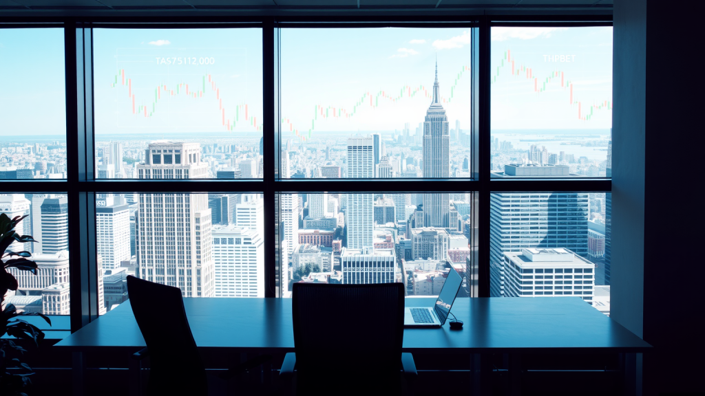 Global X SuperDividend ETF: 0,18 US-Dollar Ausschüttung Büro mit Skyline und Aktiencharts.