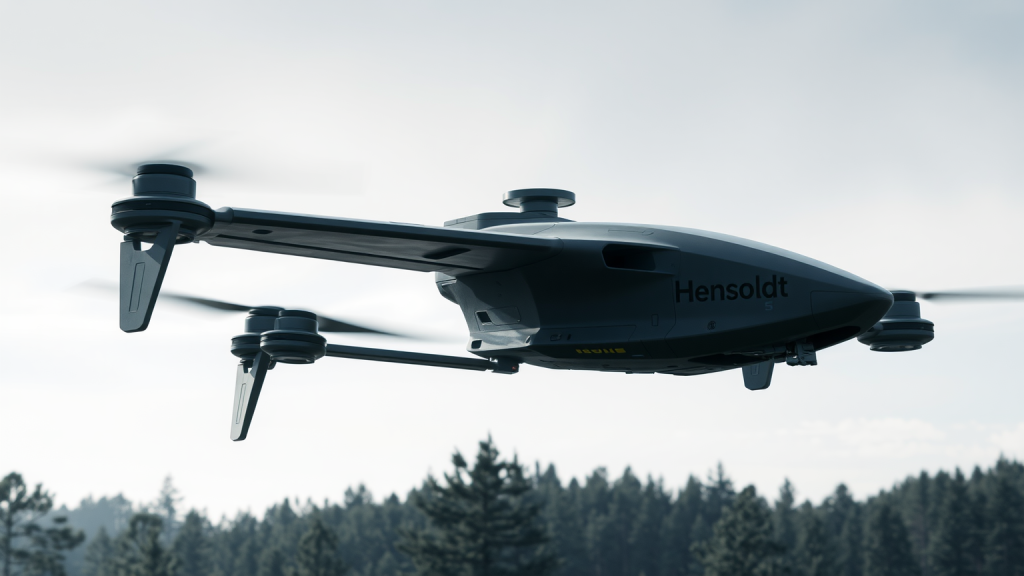 Eine futuristische Milit&auml;rdrohne mit Hensoldt-Branding schwebt &uuml;ber einem dichten Wald, Sensoren scannen das Gel&auml;nde