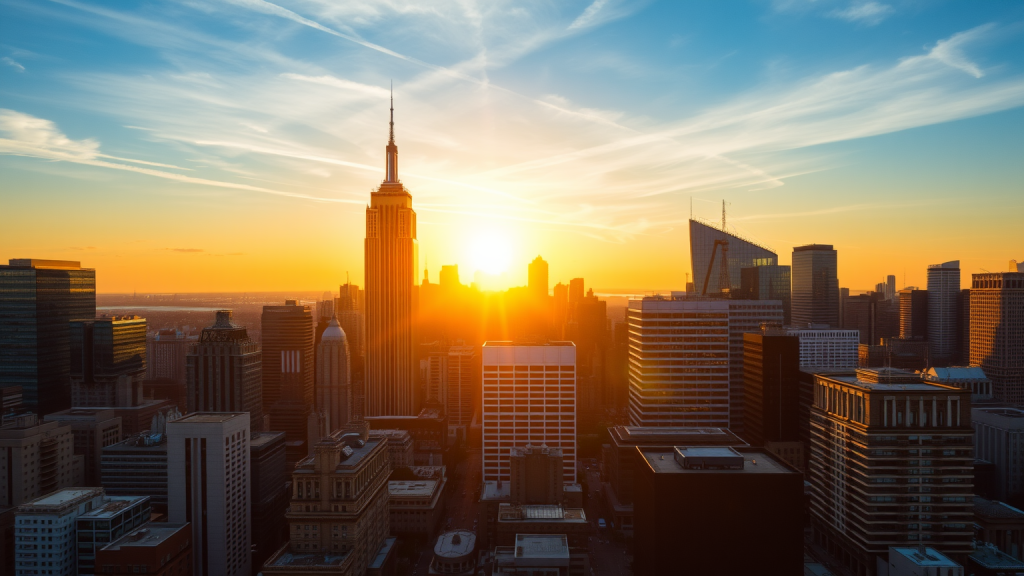 iShares MSCI ACWI ETF: Ausschüttung am 7. Juli Skyline eines Finanzviertels bei Sonnenuntergang in goldenem Licht.