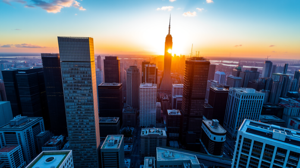 MP Materials Aktie: Morgan Stanley hebt Ziel auf 71,50 Dollar Luftaufnahme eines Finanzviertels bei Sonnenaufgang mit goldenen Wolkenkratzern.