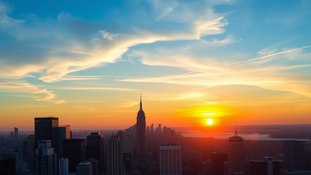 Palantir Aktie: Countdown zur Bewährungsprobe! Sonnenaufgang über Finanzbezirk, der neue Marktchancen symbolisiert.