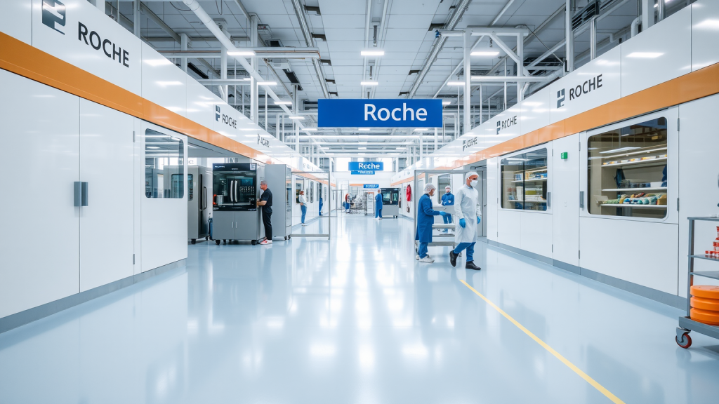 Roche Aktie: Trontinemab-Daten im Juli Pharmazeutische Fabrik mit Roche-Branding