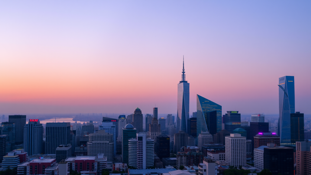 ServiceNow Aktie: Pakt mit Hitachi Digital Services Lebendige Skyline bei Dämmerung mit Finanzdistrikt.