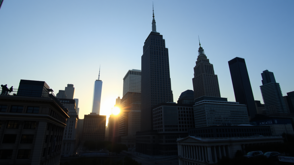 Terawulf Aktie: 20-Jahres-Deal mit Anthropic Ruhiger Morgen im Finanzviertel mit Sonnenaufgang.