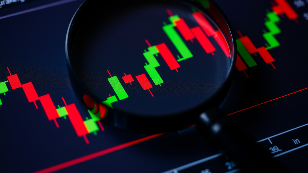 VanEck Gold Miners ETF: 48,2% Rendite vs. 24% Gold Lupe über Aktienchart mit roten und grünen Kerzen