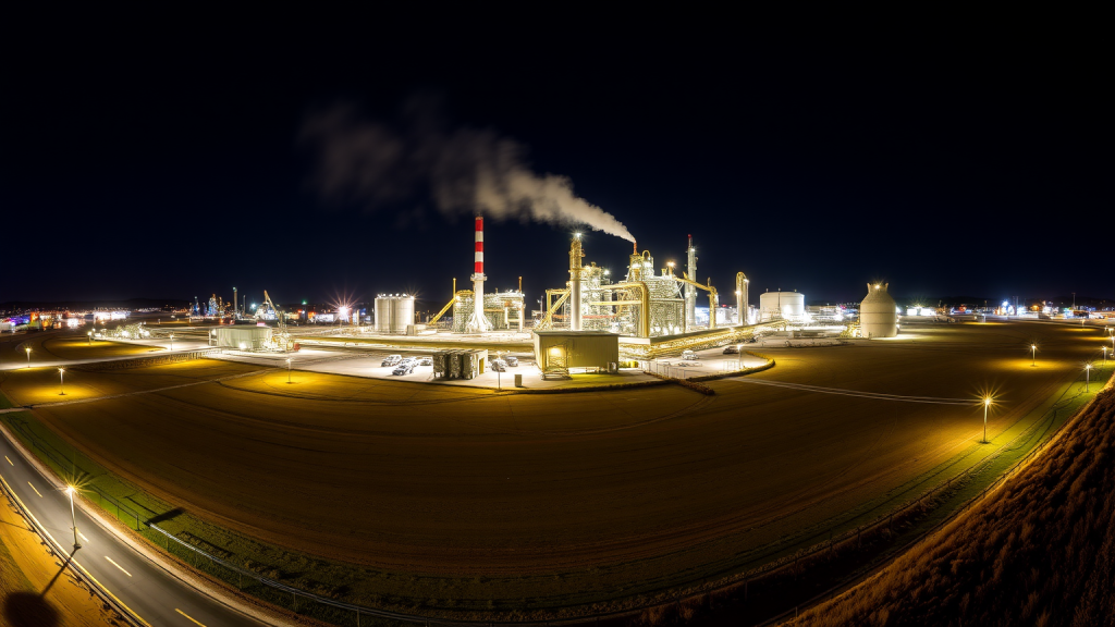 Vulcan Energy Aktie: State Street fällt unter 3 Prozent Panoramablick bei Nacht auf das beleuchtete Werk von Vulcan Energy Resources, zeigt Engagement für grüne Energie