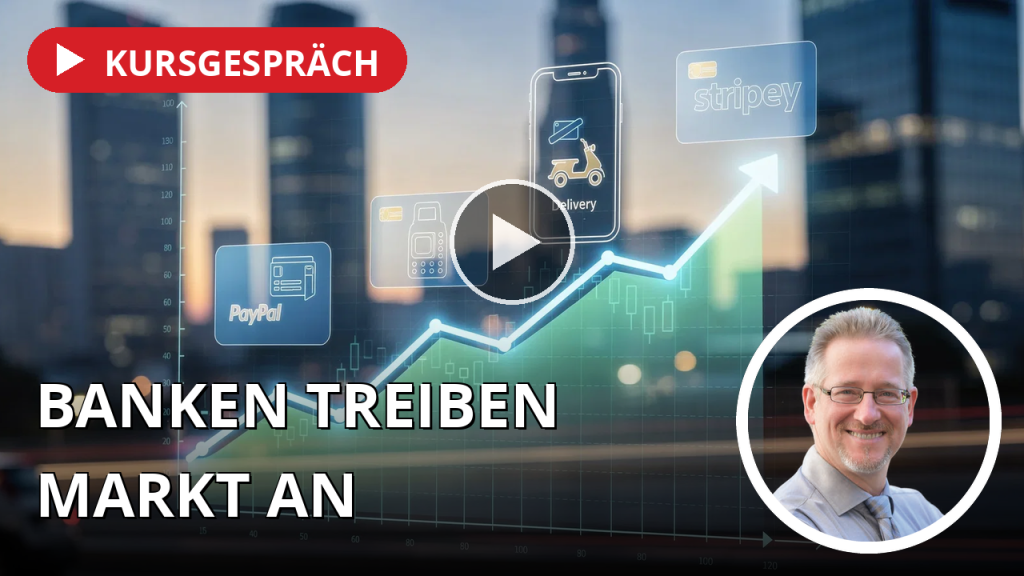 Kursgespräche: PayPal im Visier von Stripe und Advent, Uber greift nach Delivery Hero Eine stilisierte Finanzgrafik mit Bank- und E-Commerce-Symbolen vor einer verschwommenen modernen Stadtlandschaft.