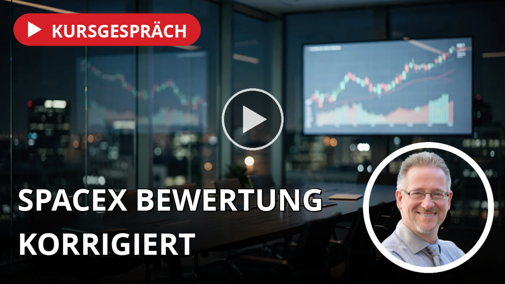 Ein moderner Konferenzraum mit einem unscharfen digitalen Finanzchart im Hintergrund, der eine technologische Analyse symbolisiert.