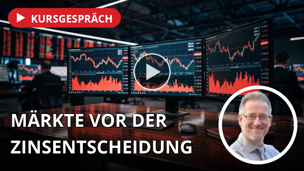Ölpreis-Schock, Chip-Ausverkauf und Fed-Entscheidung: Ein Markt zwischen den Fronten Rote Börsenkurse und fallende Chartlinien auf Monitoren in einem modernen Handelsraum.