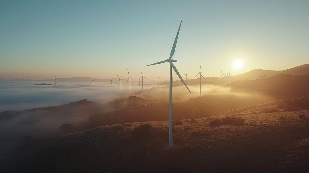 Berkshire Hathaway Aktie: Buffetts Milliarden-Manöver! Windpark bei Sonnenaufgang mit BH-Logo