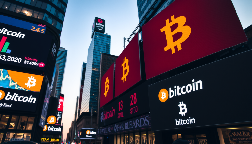 Bitcoin: Zittern vor der Inflationszahl Eine belebte Finanzdistriktszene mit Bitcoin-Preistafeln auf Hochhäusern bei Nacht